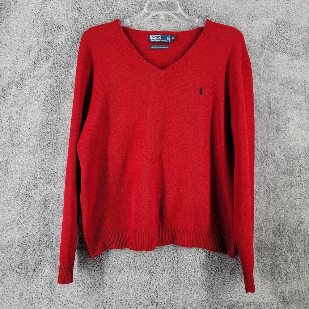 Polo Ralph Lauren Sweater Womens XL Red 100% Lambs Wool V-Neck Pony 90s Vintage